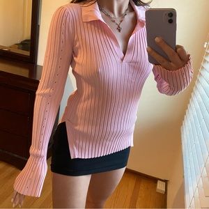 Helmut Lang Pink Ribbed V-Neck Long Sleeve Polo Top